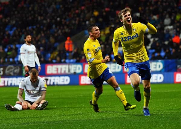 Patrick Bamford celebrates scoring the winning goal for Leeds United at Bolton. Picture: Jonathan Gawthorpe
