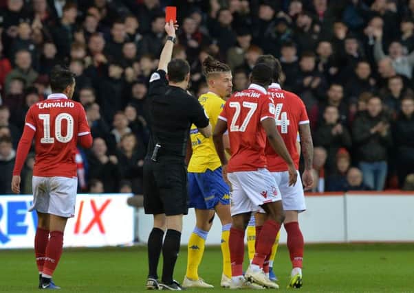 Kalvin Phillips is shown a red card against Nottingham Forest.  Picture: Bruce Rollinson