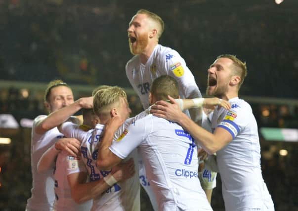Leeds United players celebrate Jack Harrison's goal against Derby County. Picture: Bruce Rollinson