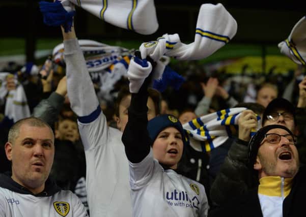 Leeds United fans show their support against Derby County.