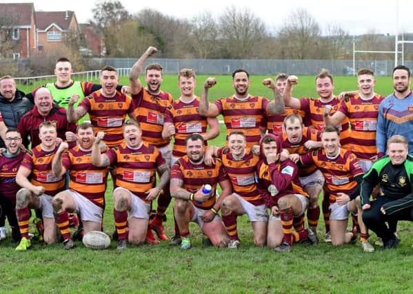 Dewsbury Moor celebrate their Challenge Cup victory over Skirlaugh last Saturday. Picture Paul Butterfield