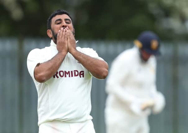 Spinner Kez Ahmed reacts to a close call during Woodlands Bradford Premier League victory over Townville last Saturday.