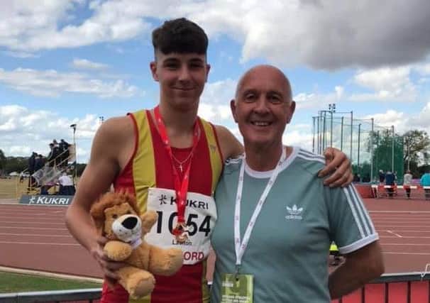 Spenborough AC sprinter Bayleigh Lawton won the English Athletics Under-15s 300 metres title, setting a new personal best of 36.13 seconds. Pictured with coach Stuart Hall.