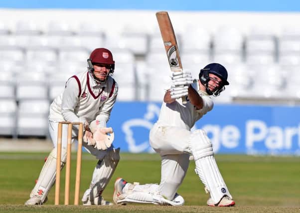 Liam Collins hits out on his way to a top score of 85 but his efforts proved in vain as Woodlands suffered an agonising two-run defeat against Sheriff Hutton Bridge in the Yorkshire Premier Leagues play-off final at Headingley last Saturday. Pictures: Paul Butterfield