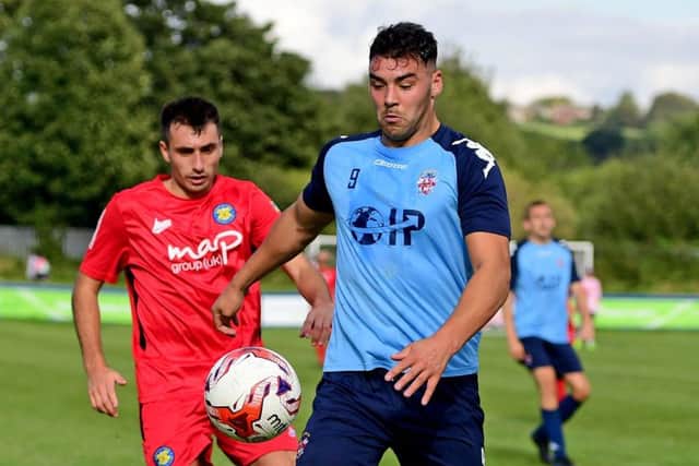 Liversedge striker Joe Walton scored a hat-trick in their 4-2 Premier Division win at AFC Mansfield last Saturday and followed up with a brace in Tuesdays NCE League Cup tie at Barton Town, when he also saved a spot kick in the penalty shoot out. Picture: Paul Butterfield