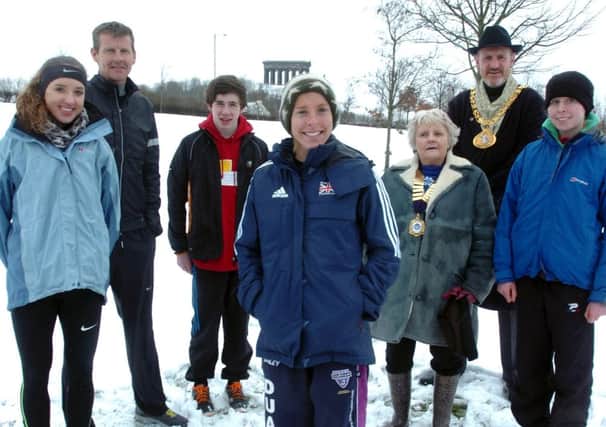 Jen Walsh, centre, from Durham who finished second in the Junior Women's race, with left to right; winner Emelia Gorecka, Steve Cram, Dan Evans winner of the boys U15's race, Pat Green President of the English Cross Country Association, Coun Iain Kay Mayor of the City of Sunderland, and Annabel Mason who won the Woman's U17 race.
English National Cross Country Championships, Herrington Country Park.