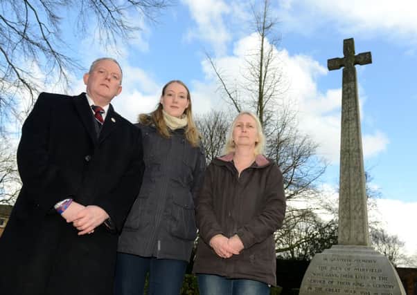 SHOWING SUPPORT Mark Andrews,Teri Mallinson and Julie Ellam from the new Phoenix Forces Support Group charity which has been set up in Mirfield pictured at the war memorial in Ings Grove Park.