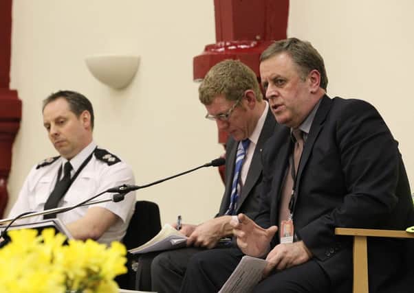 QUESTIONT TIME Mirfield councillor Martyn Bolt hosted a police Q+A event with the new West Yorkshire police commissioner Mark Burns-Williamson and Kirklees divisional commander Ch Supt Tim Kingsman.