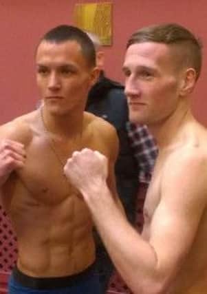 Josh Warrington and Devon's Jamie Speight at the weigh-in for their English featherweight title fight