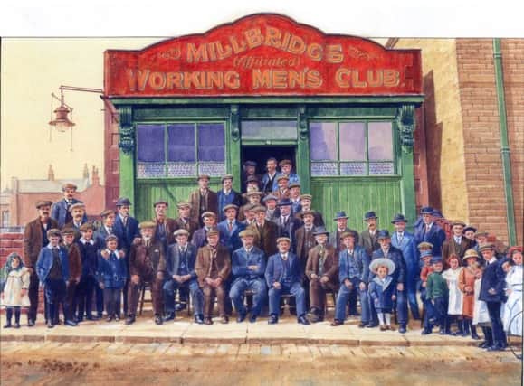 Members gather outside Millbridge WMC for the last time before the building is demolished to make way for a new club. Illustration by Terry Sutton.