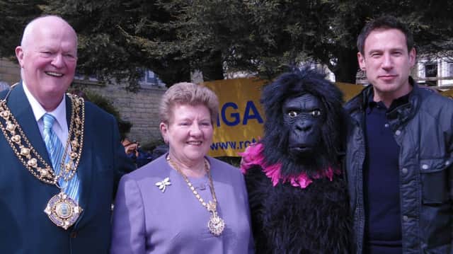 MONKEY BUSINESS: The Mayor of Calderdale John Hardy, Mayoress Janet Hardy, Misty the Gorilla and actor Paul Opacic at the walk.