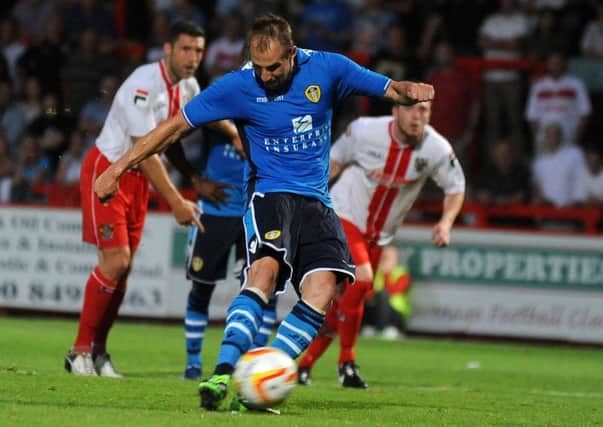 Luke Varney scores his third goal for Leeds United against Stevenage from the penalty spot. Picture: BRUCE ROLLINSON