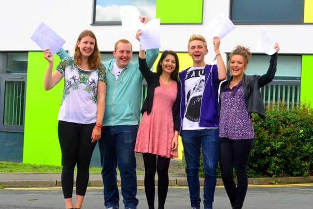 A Level Results Day 2013 - Mirfield Free Grammar and Sixth Form - Eve Phethean, Lee Clarke, Rosemary Drax, Christian Smith and Francesca Lobb. (D543D333)