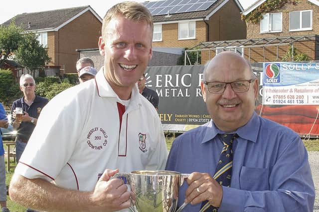 Woodlands 2nd team captain Steven Pearson receives the Crowther Cup.
Pic: Mike Baker JCT600 Bradford League