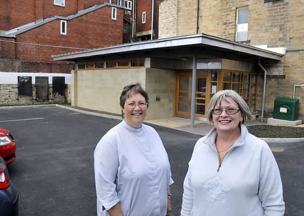 Reverend Alison Crookes and Christine Sykes,property manager and fundraiser outside the newly refurbished Community Centre at Trinity Methodist Church,Mirfield.