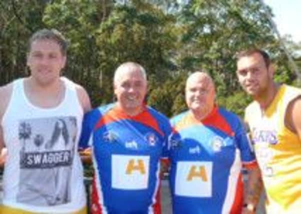 Rugby players from Shaw Cross and Dewsbury Celtic joined the BARLA Australian tour in September.
Pictured from left are: Zach Johnson (Shaw Cross Sharks player), Steve Jones  (Shaw Cross Sharks trainer), Mick Turner (Chairman of Shaw Cross Sharks), and Shaun Squires (Shaw Cross Sharks player).