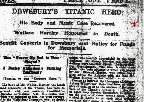 A cutting from the Dewsbury News from May 4 1912 regarding 'Dewsbury's Titanic Hero' Wallace Hartley