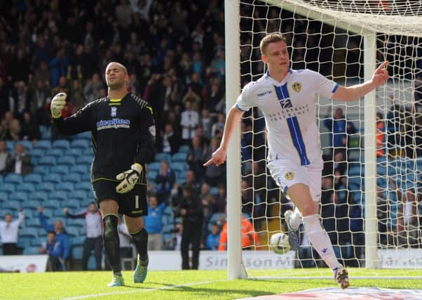Matt Smith celebrates his second goal for Leeds United against Birmingham.