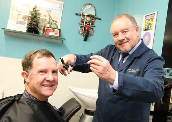 TOP STITCH Dave Graystoch with barber Kevin Gavaghann. (d264a352)