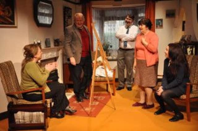 Jacky Fletcher and Mike Roberts as Helen and Peter Kroger, and Tony Fox, Maria Bailey and Catherine Bailey as Bob, Barbara and Julie Jackson in Pack of Lies.