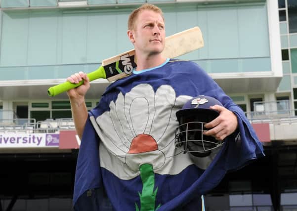 Yorkshire Day...Draped in a the White Rose, Yorkshire Cricket Captain Andrew Gale, is pictured in front of the Carnegie Pavillion, Yorkshire Cricket Ground, Headingley, Leeds..31st July 2013.Picture by Simon Hulme
