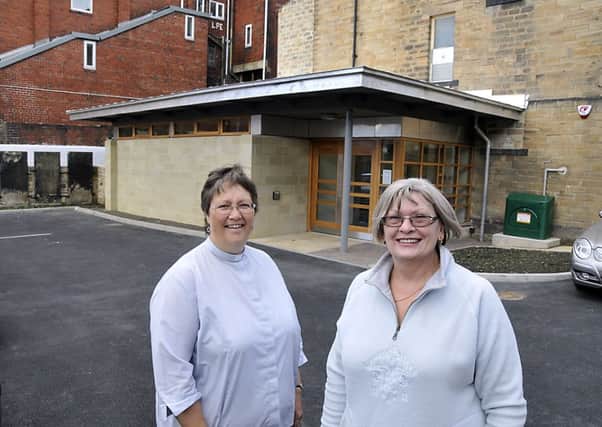 Rev Alison Crookes and Christine Sykes outside the newly refurbished Community Centre at Trinity Methodist Church, Mirfield.