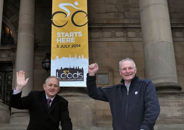 Leeds City Council leader Keith Wakefield (left) and the council's cycling champion Coun Roger Harington outside Leeds Town Hall