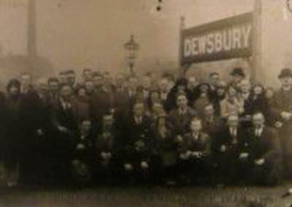 Players and officials of Dewsbury Rugby League Football Club pictured at Dewsbury Railway Station before setting off for the historic Challenge Cup Final, the first to be played on the hallowed Wembley turf in 1929.