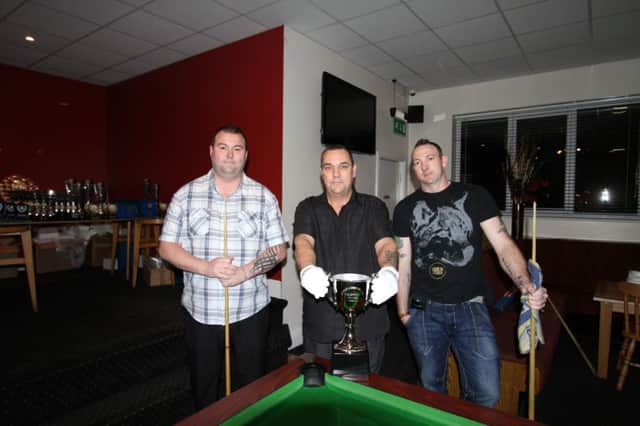 D Dickinson referee K.Hiscocks and .A.Gissing before the Spen Valley Pool League individual final.
