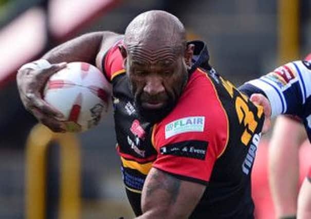 Makali Aizue drives at the heart of the Leigh defence during last Sundays Kingstone Press Championship clash.