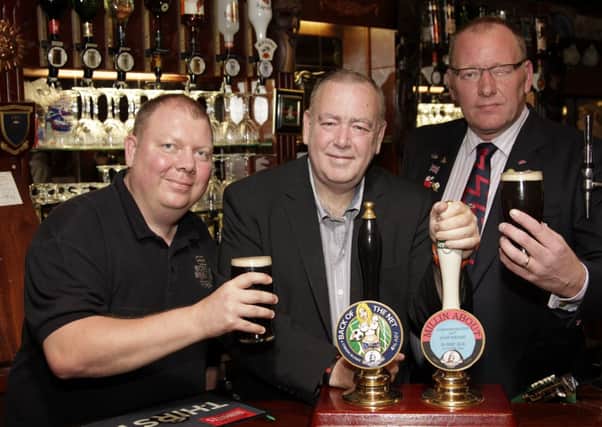 The Old Colonial in Mirfield has had a beer brewed specially to mark the D Day anniversary. A percentage of sales of Millin About will go to the Royal British Legion.
Grahame Andrews (Bosuns brewery), Tim Wood, David Horrobin (Mirfield Royal british legion)