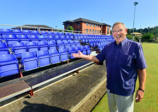 British Crown Green Bowling finals are being held at Cleckheaton Sports Club on Saturday and a crowd of over 2000 people are expected. John Barraclough (club chairman) by the special stand that has been put up to accomody the massive crowd. (D544A429)