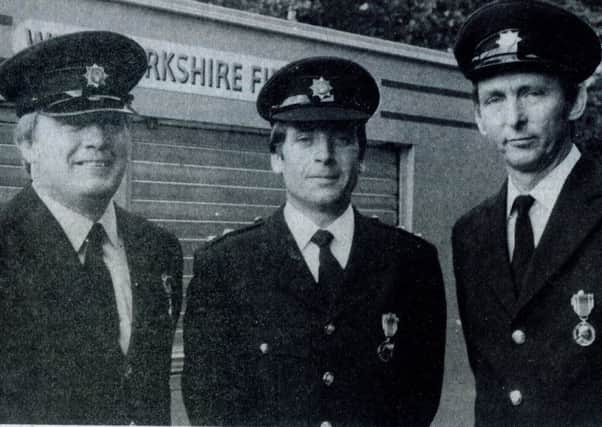 LOYAL SERVICE Leading Fireman Alan John Mitchell, station officer Victor Manley and sub-officer Alan Fillibrand.