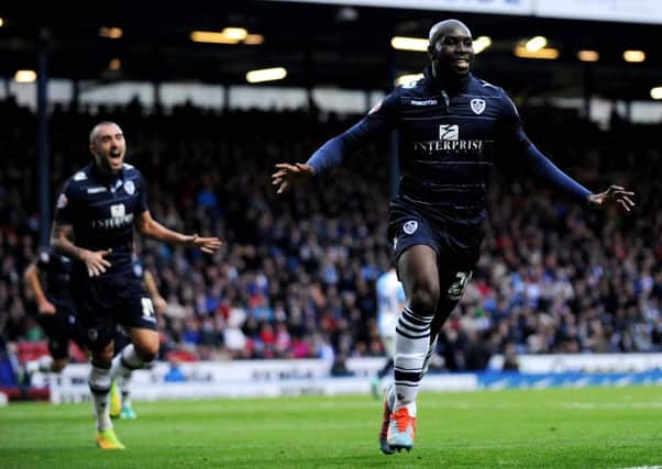 Souleymane Doukara celebrates scoring for Leeds United at Blackburn Rovers. Picture: Jonathan Gawthorpe.