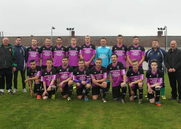 Thornhill FC pictured with shirt sponsor Mick Hargreaves of Hammerton & Waring Ltd before their game with Featherstone Colliery.