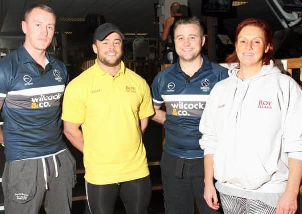 Mirfield Stags player Danny Taylor, Ben Green of Roy Ellams Gym, coach Simon Hagger and bodybuilder Jeannie Ellam, part owner of the gym.