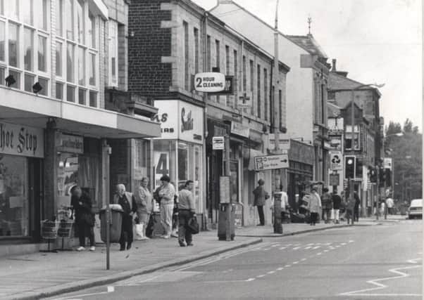 Mirfield town centre in 1992, with Black Bull pub in background. (d123n005)