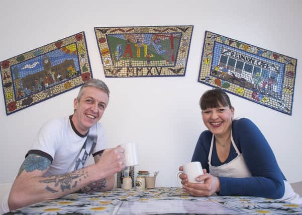 Picture by Allan McKenzie/YWNG - 100315 - Press - Reunion Cafe Mural - Reunion Cafe, Batley, England - David & Sian Dawson with the Reunion Cafe Mosaic.