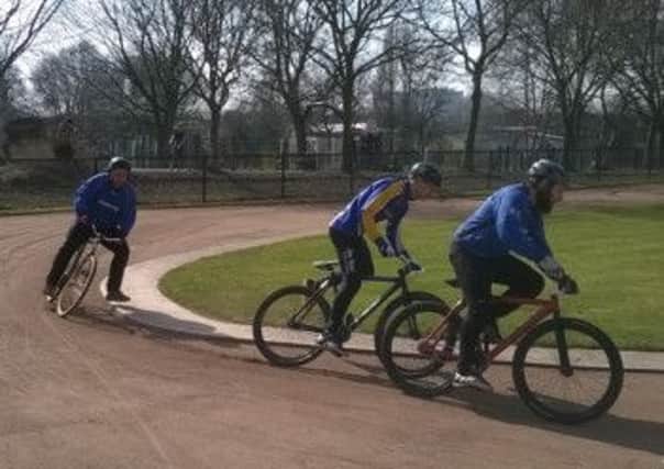 Heckmondwike Cycle Speedway club in Northern Fours League action at Stockport.
