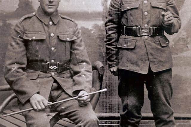 Two comrades in arms pose for this picture taken during WW1. Jack is pictured standing. The name of his comrade, seated,  is unknown. Perhaps he too came from Thornhill.