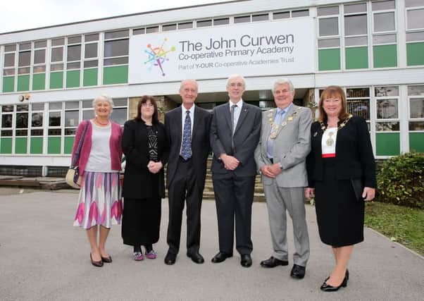 The official opening of the John Curwen Co-operative Primary Academy. Pictured are Helen Curwen, Sue Balfour-Bellamy (Principal), Patric Curwen, Dave Boston (Chair of the schools co-operative society), Coun Jim Dodds (Deputy Mayor of Kirklees) and Carol Dodds (Deputy Mayoress)