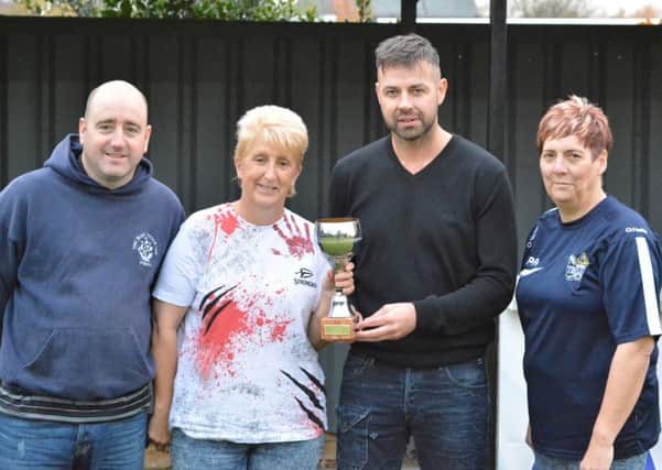 Overthorpe Sports Club mixed pairs bowls trophy finalists Jason Woodhouse, Heather Jewitt, John Webster and Pauline Ratcliffe.