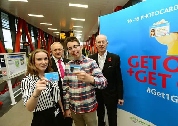 Chelsey Pitwell and Jordan Pickering help launch half price travel for 16-18 year olds at Castleford Bus Station with Coun Keith Wakefield and Coun Peter Box.