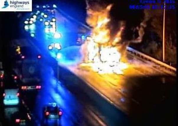 The lorry was ablaze in an incident which closed the M62 eastbound this morning.