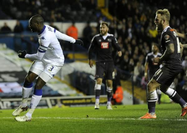 Sol Bamba scores for Leeds United against Derby County.