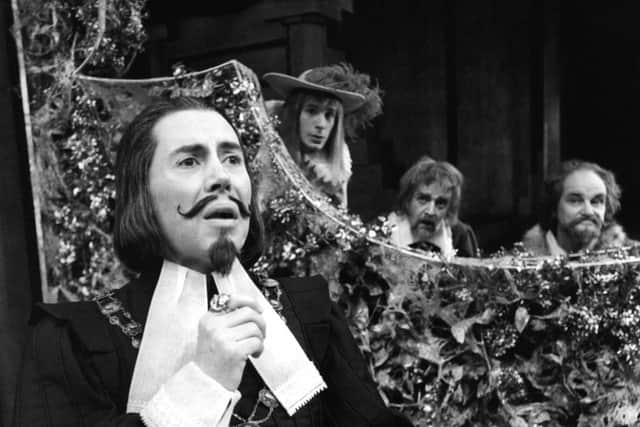 Brian Bedford as Malvolio in Twelfth Night 1975 with Frank Maraden, Lewis Gordon and Leslie Yeo. Picture by Robert C Ragsdale