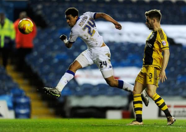 Tom Adeyemi fires a volley in for Leeds United against Fulham. Picture: Bruce Rollinson