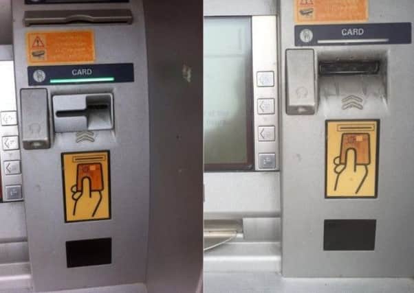 The skimming device in place (left) and the cashpoint with the fraudlulent device removed (right)