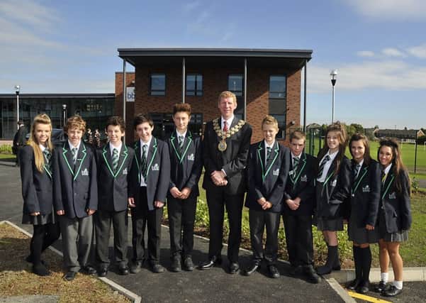 The Mayor of Kirklees Cllr Martny Bolt with ambassadors from BBG Academy,Birkenshaw,at the official opening ceremony.