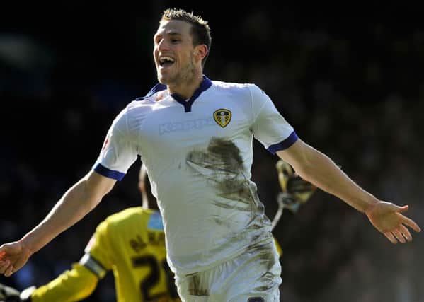 Chris Wood celebrates scoring Leeds's winning goal. Picture: Bruce Rollinson
